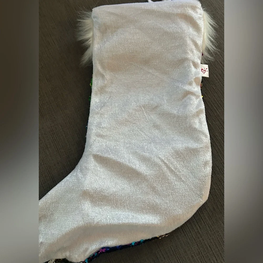 Justice Stocking Flip sequins rainbow silver faux fur trim